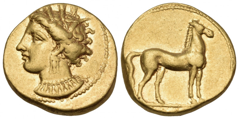 CARTHAGE. Circa 350-320 BC. Stater (Gold, 17.5 mm, 9.36 g, 12 h). Head of Tanit ...