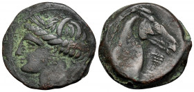 CARTHAGE. Circa 300-264 BC. Unit (Bronze, 19 mm, 5.45 g, 6 h). Wreathed head of Tanit to left. Rev. Horse’s head to right; before, palm tree. MAA 57l....