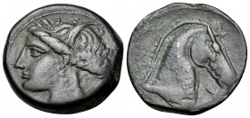 CARTHAGE. Circa 300-264 BC. Unit (Bronze, 19 mm, 5.52 g, 3 h). Wreathed head of Tanit to left. Rev. Horse’s head to right; before, Punic waw. MAA 57 v...
