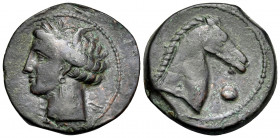 CARTHAGE. Circa 300-264 BC. Unit (Bronze, 20 mm, 5.17 g, 5 h). Wreathed head of Tanit to left. Rev. Horse’s head to right; before, globe. MAA 57h. SNG...