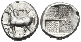THRACE. Byzantion. Circa 387/6-340 BC. Drachm or siglos (Silver, 15 mm, 3.63 g). ΠY Heifer standing left on dolphin left; below raised foreleg, monogr...