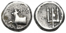 THRACE. Byzantion. Circa 387/6-340 BC. Hemidrachm (Silver, 10 mm, 1.89 g, 9 h). ΠΥ Forepart of heifer standing left on dolphin left; below raised fore...