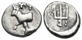 THRACE. Byzantion. Circa 387/6-340 BC. Hemidrachm (Silver, 11 mm, 1.86 g, 10 h). ΠΥ Forepart of heifer standing left on dolphin left. Rev. Trident hea...