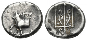 THRACE. Byzantion. Circa 387/6-340 BC. Hemidrachm (Silver, 11 mm, 1.84 g, 6 h). ΠΥ Forepart of heifer standing left on dolphin left; below raised fore...
