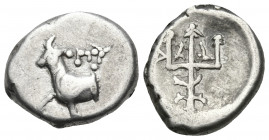 THRACE. Byzantion. Circa 387/6-340 BC. Hemidrachm (Silver, 12 mm, 2.10 g, 9 h). ΠΥ Forepart of heifer standing left on dolphin left. Rev. Trident head...