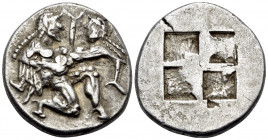 ISLANDS OFF THRACE, Thasos. Circa 500-463 BC. Stater (Silver, 23 mm, 9.66 g), circa 500-480 BC. Ithyphallic satyr advancing to right, carrying protest...