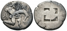 ISLANDS OFF THRACE, Thasos. Circa 480-463 BC. Stater (Silver, 22 mm, 8.62 g). Nude, ithyphallic satyr rushing to right in the archaic kneeling-running...