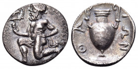 ISLANDS OFF THRACE, Thasos. Circa 411-340 BC. Trihemiobol (Silver, 12.5 mm, 0.79 g, 3 h). Bald satyr kneeling to left, holding kantharos in his right ...