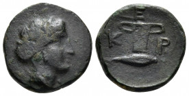 KINGS OF THRACE. Kersebleptes, circa 359-340 BC. (Bronze, 13 mm, 2.03 g, 3 h). Female head right, hair bound in sakkos. Rev. K-E-P Cup with two handle...