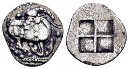 THRACO-MACEDONIAN TRIBES, Mygdones or Krestones. Circa 490-485 BC. 1/8 Stater (Silver, 12 mm, 1.03 g). Goat kneeling right on pelleted ground line, hi...