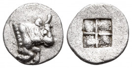 THRACO-MACEDONIAN TRIBES, Orreskioi. Circa 500-480 BC. Obol (Silver, 9 mm, 0.53 g). Forepart of a bull charging to right. Rev. Quadripartite incuse sq...