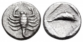 THRACO-MACEDONIAN REGION. Uncertain. Mid - later 5th century BC. Diobol (Silver, 10 mm, 0.98 g, 11 h). Scorpion, shown vertically. Rev. Dolphin swimmi...