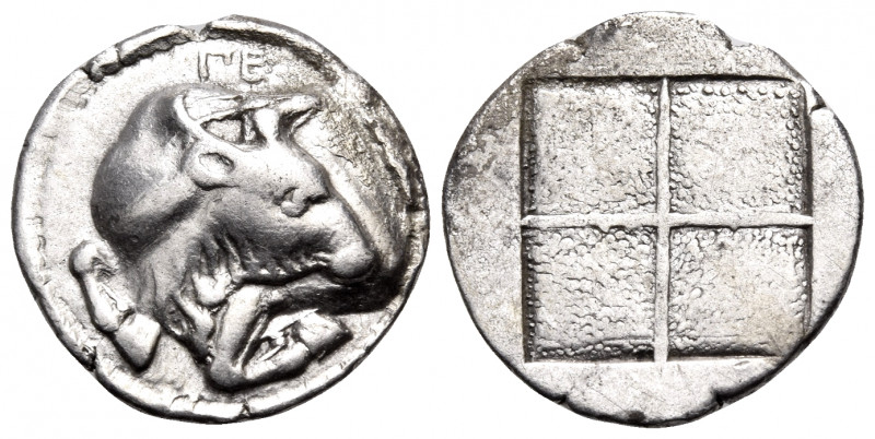 MACEDON. Akanthos. Circa 470-390 BC. Tetrobol (Silver, 15 mm, 2.15 g). ΠΕ Forepa...