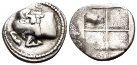 MACEDON. Akanthos. Circa 470-390 BC. Tetrobol (Silver, 15 mm, 2.27 g). Forepart of bull to left, his head turned back to right; above, swastika. Rev. ...