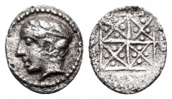 MACEDON, Chalkidian League. Circa 432-348 BC. Trihemiobol (Silver, 8 mm, 0.26 g). Laureate head of Apollo to left. Rev. Quadripartite incuse square; i...