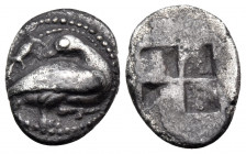 MACEDON. Eion. Circa 460-400 BC. Trihemiobol (Silver, 11.5 mm, 0.89 g). Goose standing to right, head turned back to left; above, lizard to left. Rev....