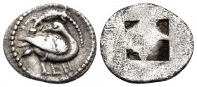 MACEDON. Eion. Circa 460-400 BC. Trihemiobol (Silver, 12.5 mm, 0.81 g). Goose standing to right, head turned back to left; above, lizard to left; to r...