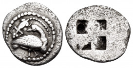MACEDON. Eion. Circa 460-400 BC. Trihemiobol (Silver, 11 mm, 0.84 g). Goose standing to right, head turned back to left; above, lizard to left. Rev. Q...