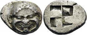 MACEDON. Neapolis. Circa 500-480 BC. Stater (Silver, 18 mm, 9.51 g). Gorgoneion facing with extended tongue. Rev. Quadripartite incuse square. Dewing ...