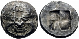 MACEDON. Neapolis. Circa 500-480 BC. Stater (Silver, 18 mm, 8.90 g). Gorgoneion facing with extended tongue. Rev. Quadripartite incuse square. Dewing ...