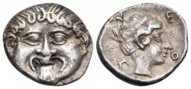 MACEDON. Neapolis. Circa 424-350 BC. Hemidrachm (Silver, 13 mm, 1.87 g, 6 h). Gorgoneion facing with protruding tongue. Rev. Ν-Ε / Ο-Π Head of the nym...