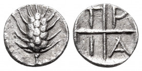 MACEDON. Tragilos. Circa 450-400 BC. Hemiobol (Silver, 8 mm, 0.34 g, 11 h). Grain ear. Rev. Τ-P-Α-Ι within the squares of a quadripartite incuse squar...