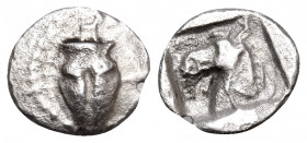 THESSALY. Larissa. Circa 462/1-460 BC. Hemiobol (Silver, 8 mm, 0.32 g, 12 h). Bull’s hoof. Rev. Λ - Α Head of bridled horse to left; all within incuse...