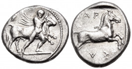 THESSALY. Larissa. Circa 450/40-420 BC. Drachm (Silver, 19 mm, 5.84 g, 9 h). Thessalos striding to right, naked but for chlamys over his shoulders, hi...