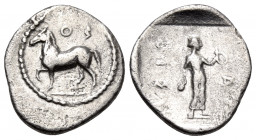 THESSALY. Larissa. Circa 400 BC. Obol (Silver, 13 mm, 0.86 g, 12 h). ΣO Horse walking to left. Rev. ΛAΡIΣ-ΣA The nymph Larissa standing on ground line...