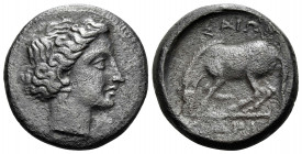 THESSALY. Larissa. Early-mid 4th century BC. Dichalkon (Bronze, 17 mm, 3.93 g, 1 h). Head of the nymph Larissa to right. Rev. ΛAPI-ΣAIΩN Horse crouchi...