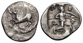 THESSALY. Perrhaiboi. Circa 450-430 BC. Obol (Silver, 12 mm, 0.84 g, 4 h). Bridled horse with trailing rein cantering to left. Rev. Π-Ε-Ρ-Α ( partiall...