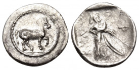 THESSALY. Pharkadon. Late 5th-early 4th centuries BC. Obol (Silver, 11 mm, 0.77 g, 12 h). Horse pacing to right. Rev. ΦAP-KAΔO Athena, wearing long ro...