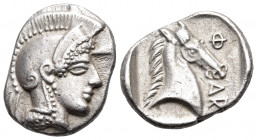 THESSALY. Pharsalos. Mid to late 5th century BC. Hemidrachm (Silver, 15 mm, 2.95 g, 3 h). Head of Athena to right, wearing crested Attic helmet and dr...