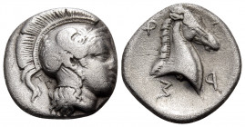 THESSALY. Pharsalos. Early to mid 4th Century BC. Hemidrachm (Silver, 15 mm, 2.81 g, 11 h). Head of Athena to right, wearing crested Attic helmet with...