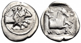 THESSALY. Trikka. Circa 440-400 BC. Hemidrachm (Silver, 17 mm, 1.98 g, 1 h). Youthful hero, Thessalos, nude but for cloak and petasos hanging over his...