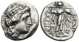 THESSALY, Thessalian League. Second half 2nd century BC. Drachm (Silver, 19 mm, 3.72 g, 12 h), Poly.... Laureate head of Apollo to right; to left, mon...