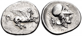 EPEIROS. Ambrakia. Circa 404-360 BC. Stater (Silver, 24 mm, 7.95 g, 12 h). Pegasos flying right; below, A. Rev. A-M ( retrograde ) Head of Athena to r...