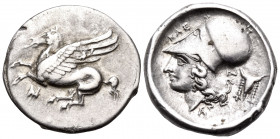 AKARNANIA. Anaktorion. Circa 320-280 BC. Stater (Silver, 21 mm, 8.47 g, 6 h). ΑΝ ( ligate ) Pegasos flying to left with straight wings. Rev. Head of A...