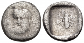 AKARNANIA. Herakleia. Circa 400-350 BC. Drachm (Silver, 14 mm, 2.13 g, 6 h). Head of Acheloös facing, turned slightly to the left. Rev. Δ-R-A Bow and ...