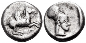 AKARNANIA. Leukas. Circa 470-450 BC. Stater (Silver, 18 mm, 7.86 g, 11 h). Pegasos flying to right; below, Λ. Rev. Helmeted head of Athena right, wear...