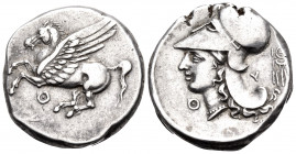 AKARNANIA. Thyrrheion. Circa 320-280 BC. Stater (Silver, 20 mm, 8.48 g, 11 h). Θ Pegasos flying left. Rev. Θ - Υ Head of Athena to left, wearing Corin...