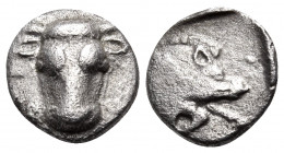 PHOKIS, Federal Coinage. Circa 460-457 BC. Obol (Silver, 9 mm, 0.76 g, 12 h). Φ-Ο Bull’s head facing. Rev. Forepart of boar to right; all within incus...