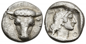 PHOKIS, Federal Coinage. Circa 457-446 BC. Triobol or Hemidrachm (Silver, 14 mm, 2.94 g, 5 h). Bull’s head facing. Rev. Φ-O-K-I Head of Artemis to rig...