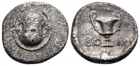 BOEOTIA. Federal Coinage. Circa 395-340 BC. Hemidrachm (Silver, 15 mm, 2.50 g). Boeotian shield. Rev. BO-IΩ Kantharos; above, club to right. BCD Boiot...