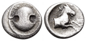 BOEOTIA. Tanagra. Early to mid 4th century BC. Obol (Silver, 9 mm, 0.97 g). Boeotian shield. Rev. T - A Forepart of horse to right; below, grape bunch...