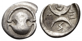 BOEOTIA. Thespiai. Early-mid 4th century BC. Obol (Silver, 11 mm, 0.65 g). Boeotian shield. Rev. Θ-E-Σ-ΠI Two vertical crescents back to back. BCD Boi...