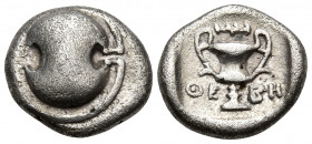 BOEOTIA. Thebes. Circa 425-375 BC. Hemidrachm (Silver, 12 mm, 2.31 g, 12 h). Boeotian shield. Rev. ΘE-BH Kantharos; above, club to right. BCD Boiotia ...