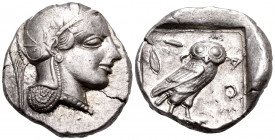 ATTICA. Athens. Circa 449-404 BC. Tetradrachm (Silver, 25 mm, 17.19 g, 9 h), mid 440s. Head of Athena to right, wearing crested Attic helmet adorned w...