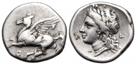 CORINTHIA. Corinth. Circa 350-300 BC. Drachm (Silver, 19 mm, 2.67 g, 6 h). Ϙ Pegasos flying left. Rev. Wreathed head of Aphrodite to left, wearing ear...