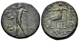 ACHAIA, Achaian League. Sikyon. Tetrachalkon (Bronze, 19 mm, 5.49 g, 3 h). Zeus, nude, standing left, holding Nike in right hand and long scepter in l...
